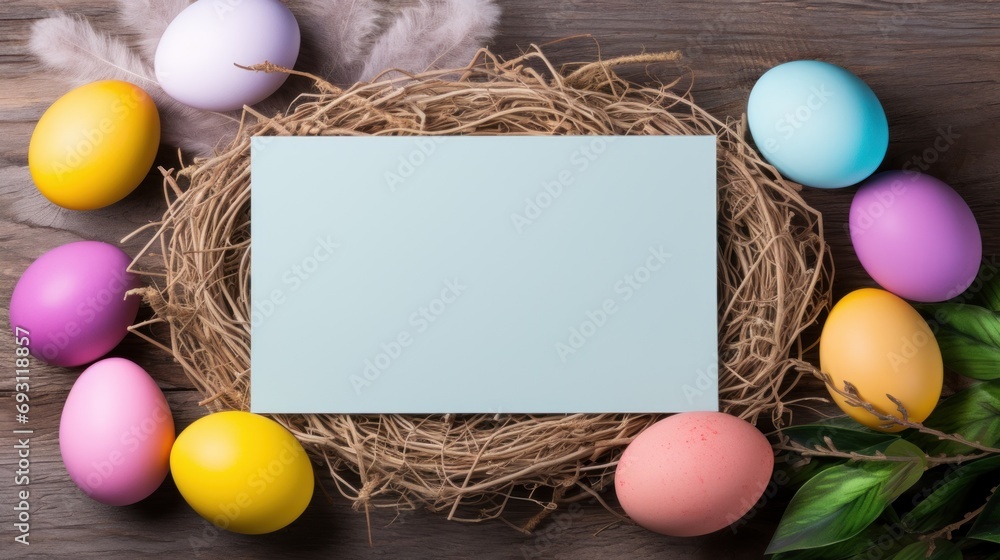 Poster an empty card surrounded by colored eggs on a wooden surface with a nest of feathers and a branch of