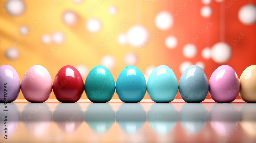Aufkleber a row of different colored eggs sitting on top of a table next to a red and yellow wall and a red an