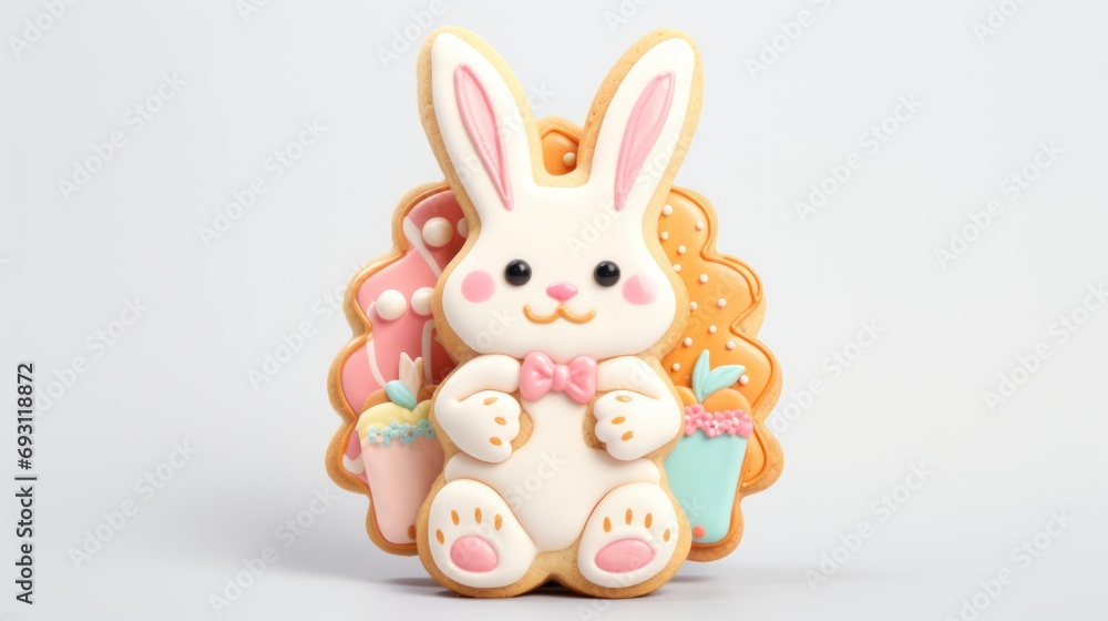 Poster a close up of a cookie shaped like a bunny with a cupcake in it's lap and a cookie in the shape of a