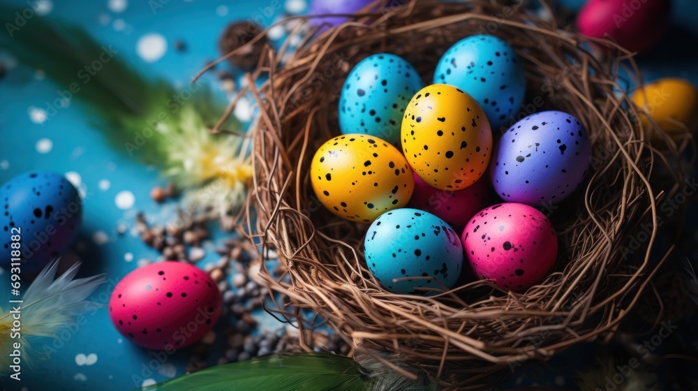 Aufkleber a bird's nest filled with colored eggs on top of a blue surface with feathers and feathers scattered
