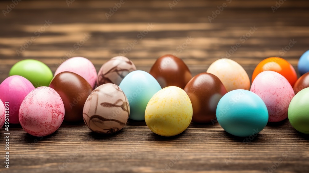 Poster a row of chocolate eggs sitting on top of a wooden table with colored eggs in the middle of the row 