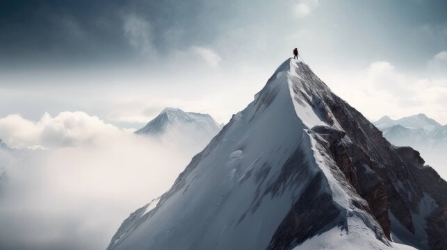 Man standing at the top of a mountain peak