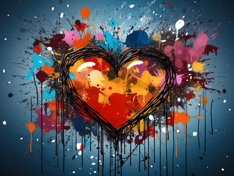 A heart drawn with paints of different colors on a dark background.