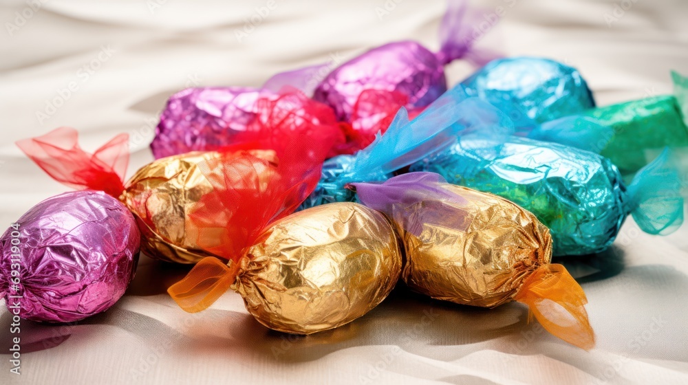 Poster a group of foil wrapped chocolate eggs sitting on top of a white sheeted tablecloth with colorful wr