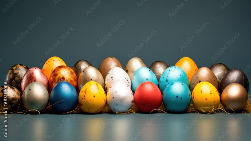 Poster a row of different colored eggs sitting next to each other on top of a blue tablecloth covered table