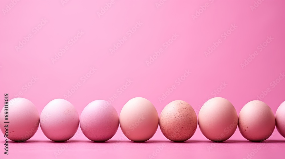 Poster a row of eggs sitting in the middle of a pink background with one egg in the middle of the row and t