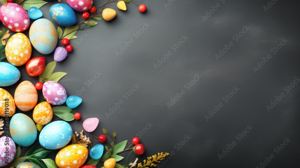 Poster a black background with a bunch of colorful easter eggs on top of leaves and berries on the bottom o