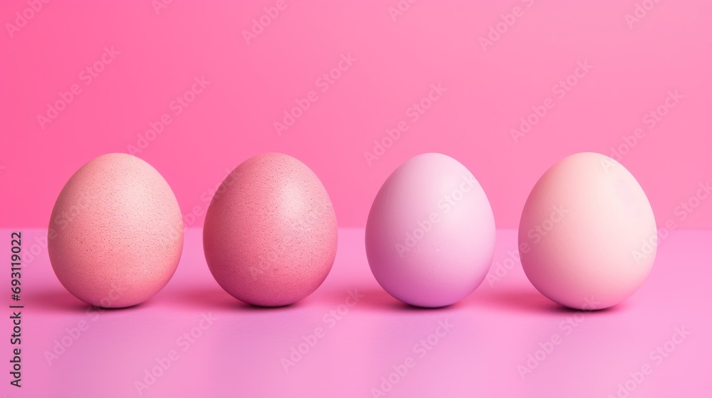 Aufkleber three eggs are lined up in a row on a pink and pink background with a pink wall in the background an
