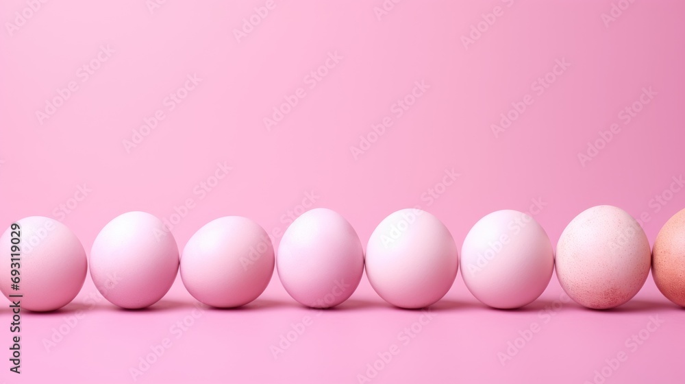 Poster a row of eggs sitting next to each other on a pink surface with one egg in the middle of the row and