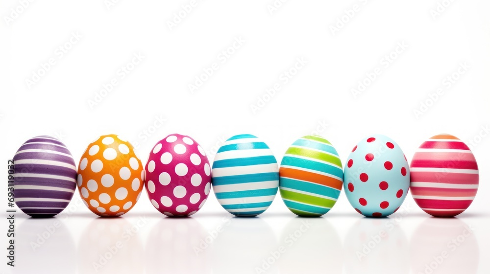 Poster a row of brightly colored easter eggs sitting in a row on a white surface with a reflection of the e