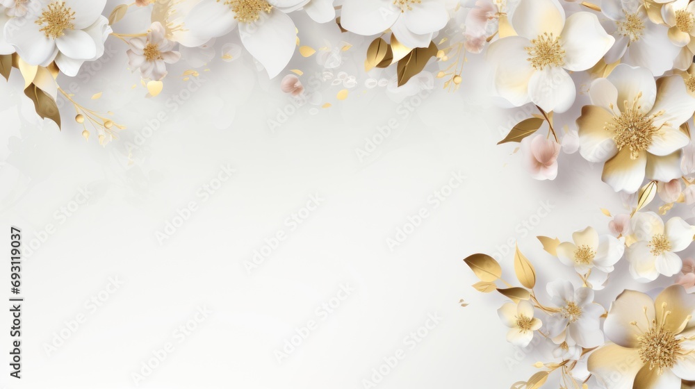 Poster white and gold flowers on a white background with a place for a text or an image with a place for a 