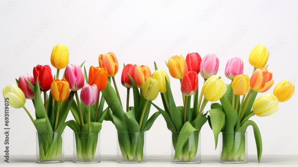 Poster  a row of vases filled with colorful tulips on top of a white table and a white wall behind the vase is a row of multicolored tulips.