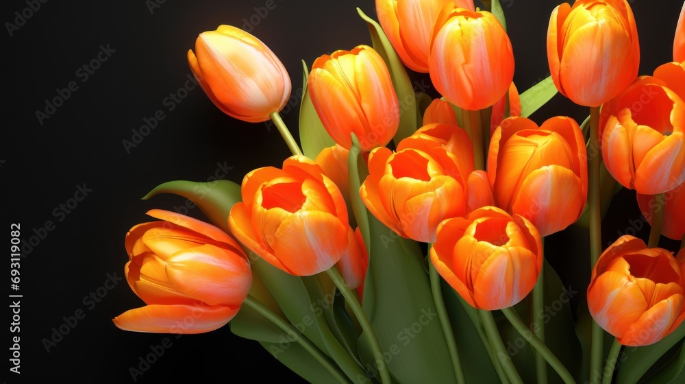 Poster a bunch of orange tulips in a vase on a black background with a light reflection on the bottom of th
