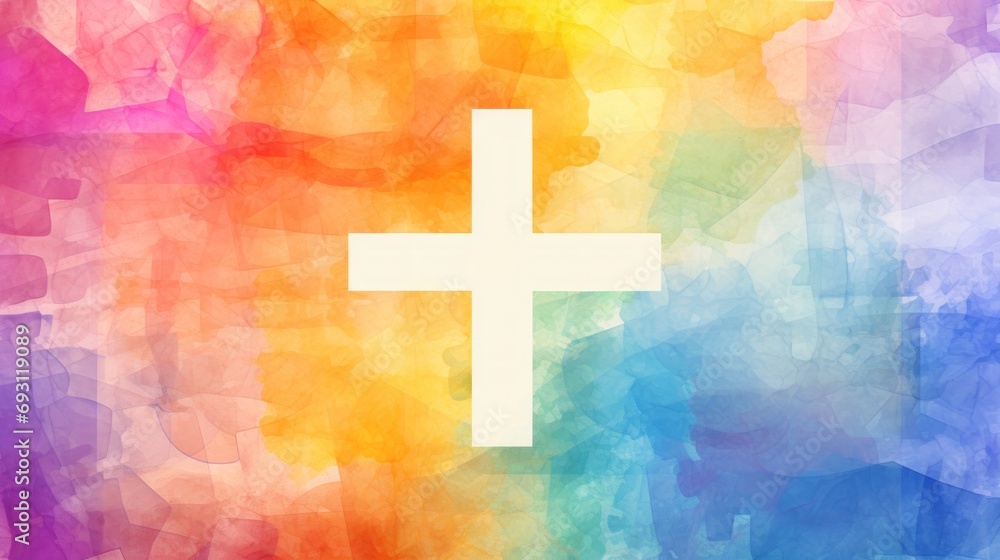 Poster a white cross on a multicolored background with a white cross in the center of the cross on the left
