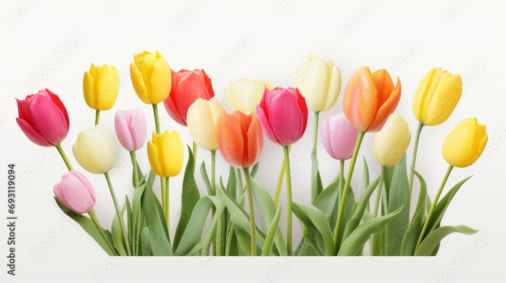 Poster a group of multicolored tulips with green stems in front of a white background with a white rectangl