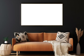 Boho style living room interior of modern apartment with brown coach sofa, pillows, potted plant and mockup of blank white canvas picture poster frame on gray wall. Modern home interior design