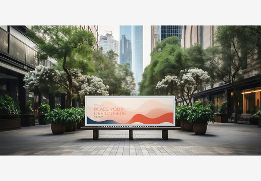 Street Billboard Mockup Template with Trees, Plants, and People in Cityscape and Street lights in Background