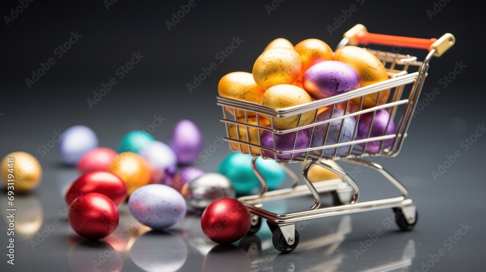 Poster a shopping cart filled with lots of different colored easter eggs in front of a pile of other colore