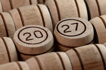 Year 2027 from wooden barrels. 2027 concept - obrazy, fototapety, plakaty
