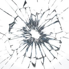 A hole in glass on a transparent background in PNG format. Close-up of a bullet hole in the glass, cracks spreading out in different directions. Overlay for design or project