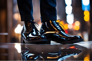 Reflection of city lights on a glossy patent leather shoe.
