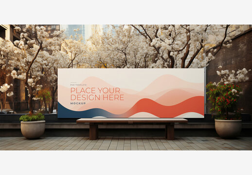 Street Billboard Frame Mockup Template with White Board, Trees, Flowers, Building Skyline, Cityscape, Bench, and Clouds - High-Quality Stock Photos