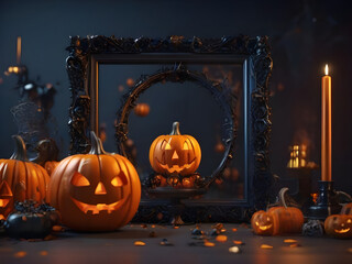 Happy Halloween banner. Festive background with pumpkins with cut scary smile.	