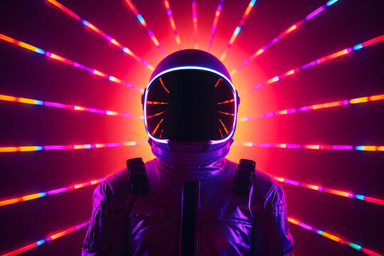 Portrait of astronaut or spaceman with neon light.
