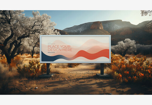 Street Billboard Frame Mockup Template: Stunning Desert Landscape with Mountain, Trees, and Blue Sky for Eye-Catching Stock Images