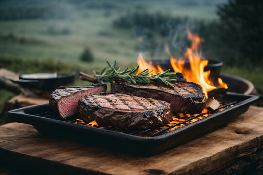 A mouthwatering sirloin steak, grilled outdoors on an open flame generated with AI