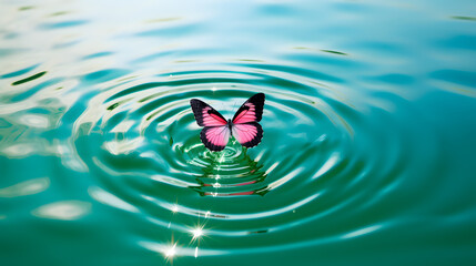Pink colored butterfly on surface of water. Concept of butterfly effect.