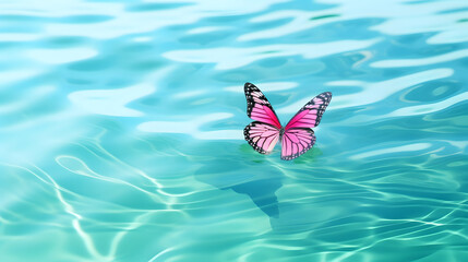 Pink colored butterfly on surface of water. Concept of butterfly effect.