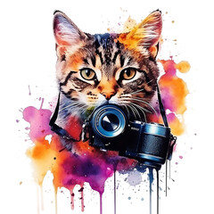 Watercolor cat, png, print, Nature Photographer Cat: Cat with camera, photographing wildlife and wildlife, vivid image, watercolour style on white background