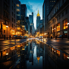 Post-rain panorama, New York street glistens, a captivating urban tableau, reflections and ambiance...