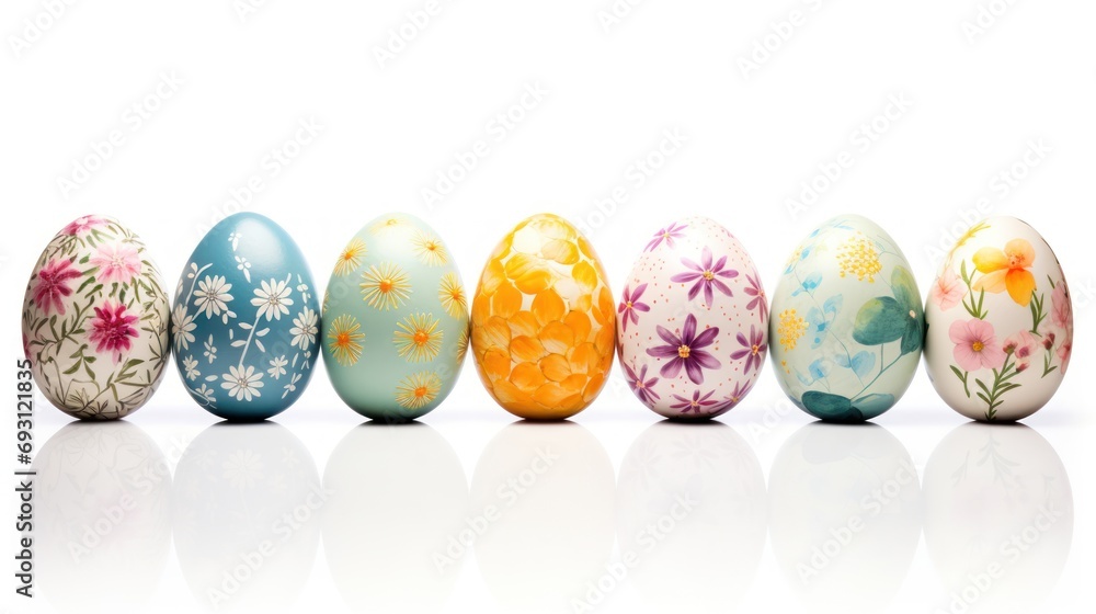 Poster a row of painted eggs sitting next to each other on a white surface with a reflection of the eggs in