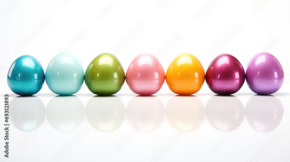 Poster a row of colored eggs sitting on top of a white surface with a reflection on the bottom of the row o