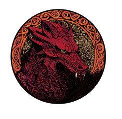 Hand drawn red dragon head with orange Celtic knotwork border