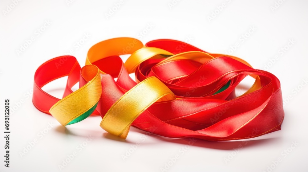 Poster a group of red and yellow ribbons on a white surface with a green ribbon on the end of each of the r
