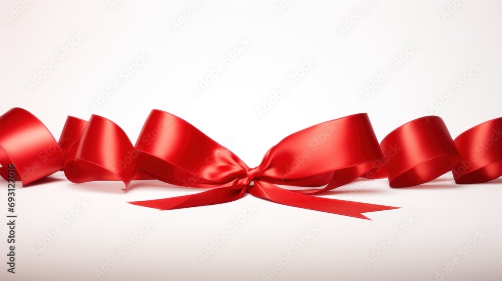 Poster a close up of a red ribbon with a bow at the end of the ribbon and a ribbon at the end of the ribbon