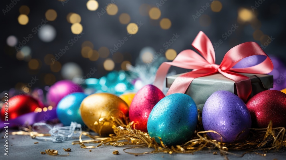 Poster a close up of a box with a bow on top of it next to a bunch of eggs with confetti on the side of the