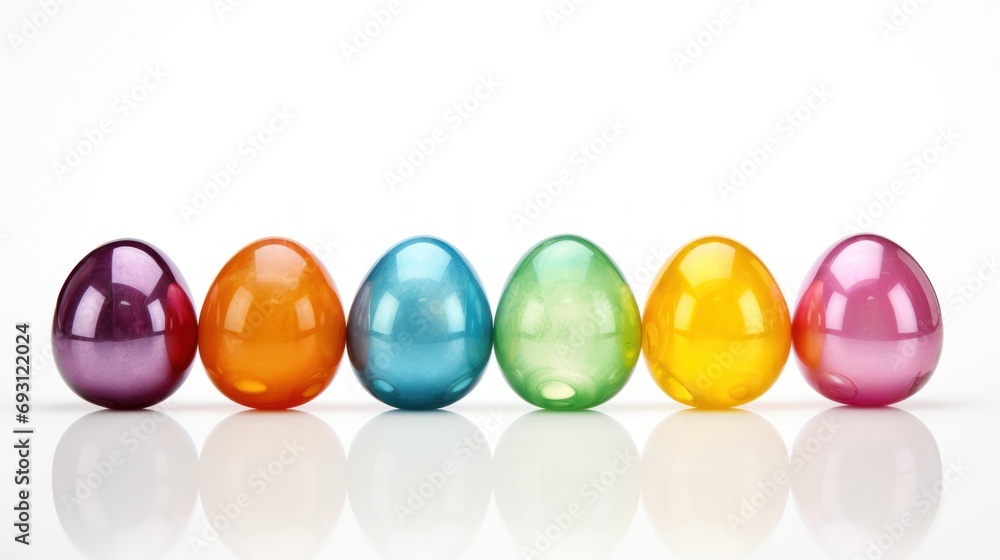 Poster a row of colorful easter eggs sitting in a row on a white surface with a reflection of the egg in th