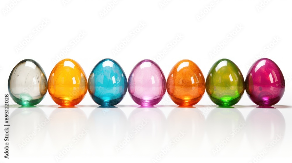 Poster a row of colorful glass eggs sitting on top of a white surface with a reflection of the egg in the m