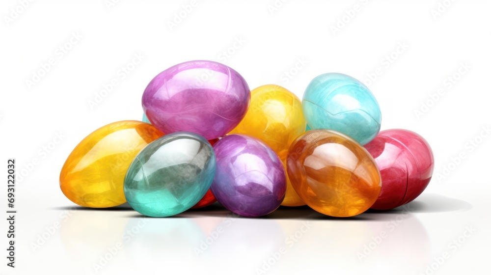 Poster a group of colorful eggs sitting on top of each other on a white surface with a reflection of the eg