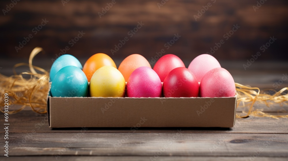 Aufkleber a box filled with colorful eggs sitting on top of a wooden table next to a string of golden twine on