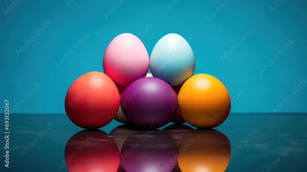 Poster a group of colorful eggs sitting on top of each other on top of a reflective surface in front of a b