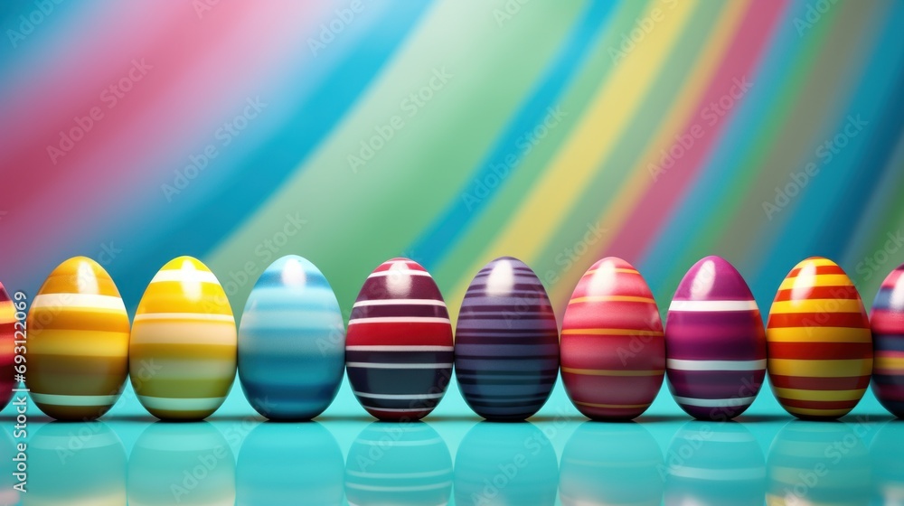 Poster a row of multicolored easter eggs sitting in front of a multi - colored striped wall with a reflecti