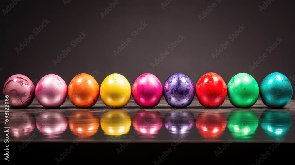 Poster a row of shiny colored eggs sitting on top of a reflective surface with one egg in the middle of the