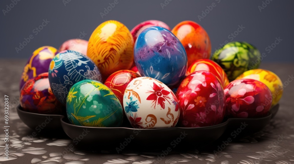 Poster a bowl filled with colorfully painted eggs on top of a doily tableclothed tablecloth with a pattern 