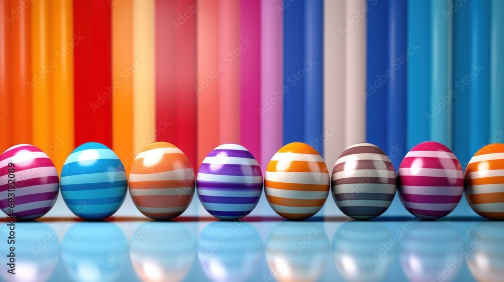 Poster a row of colorful striped easter eggs in front of a multicolored background with a white cross on th