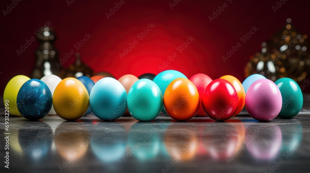 Poster a row of colored eggs sitting on top of a table next to a chess set and a chess set on top of a blac